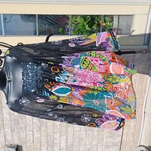 Bamboo Threads vibrant Black/pink/purple, hoppie boho tunic, L/xl, semi-sheer